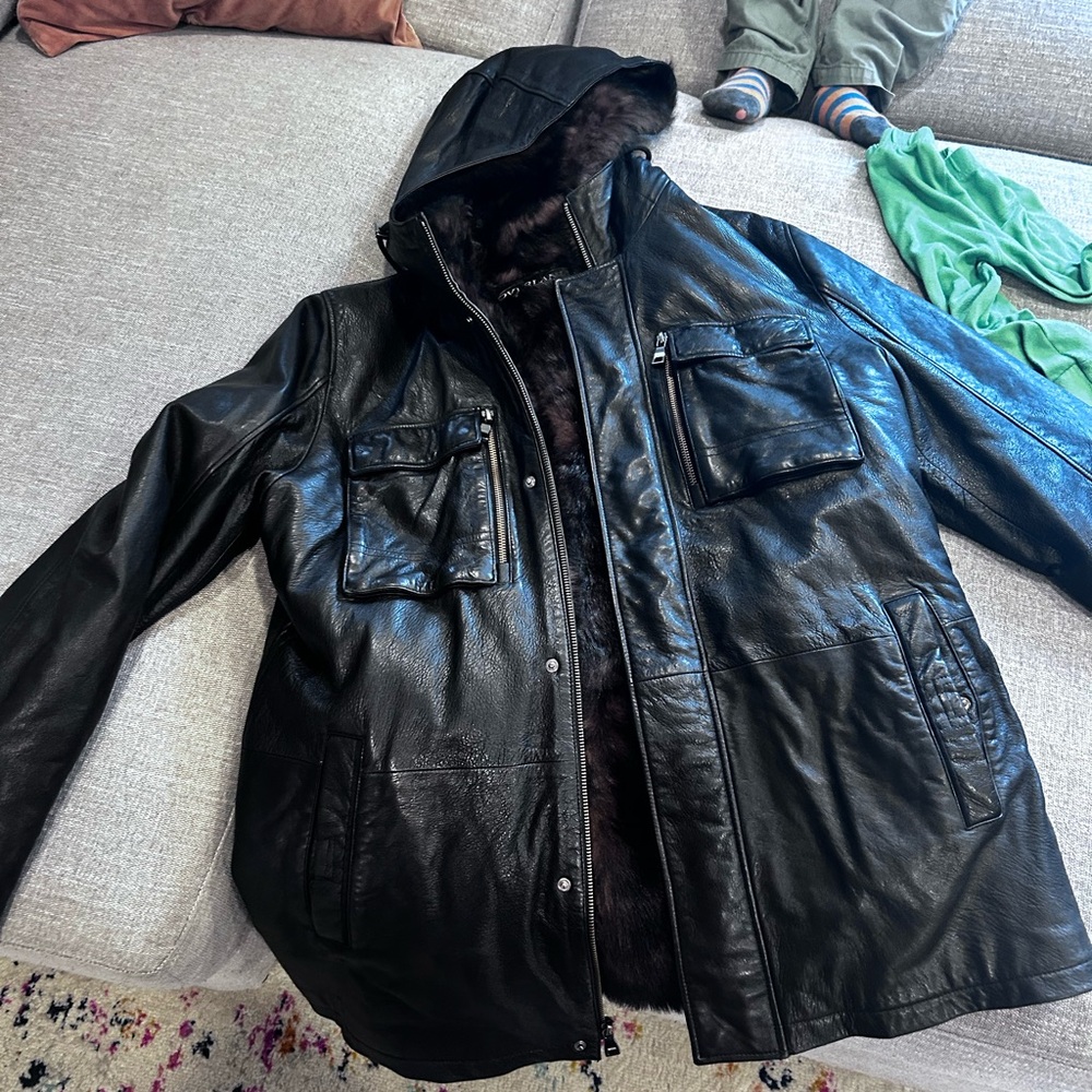 Men's Black Hooded Overland Leather Military Jacket